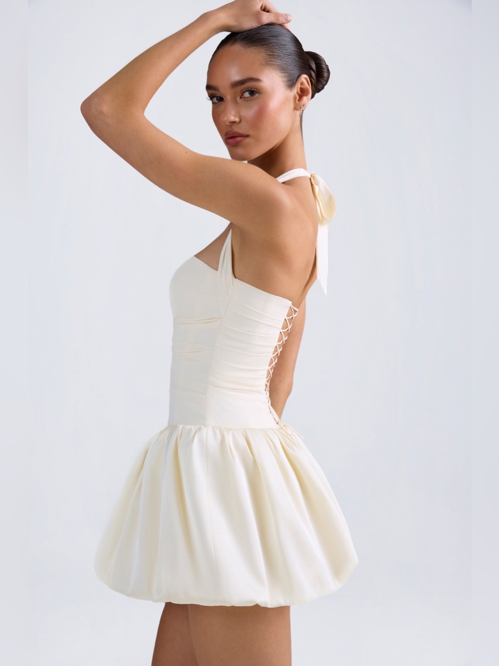 Ludmila Halterneck Lace-Up Bubble Hem Corset Micro Mini Dress in Ivory - Size 10 - Picture 7 of 11